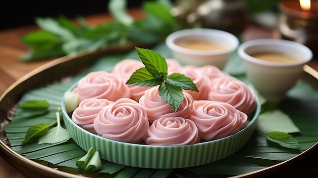 top view sweet pink jelly rose shape thai dessert in green banana leaf cup with dessert background