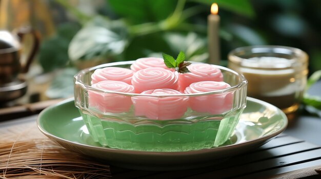 top view sweet pink jelly rose shape thai dessert in green banana leaf cup with dessert background