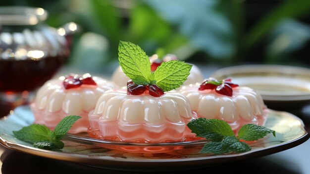 top view sweet pink jelly rose shape thai dessert in green banana leaf cup with dessert background