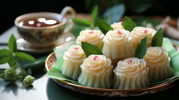 top view sweet pink jelly rose shape thai dessert in green banana leaf cup with dessert background