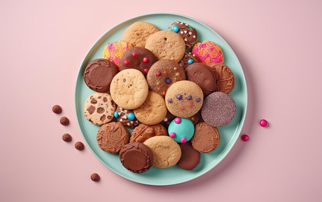 Photo a top view sweets and cookies on a pastel background sweet dessert bakery food ai generated