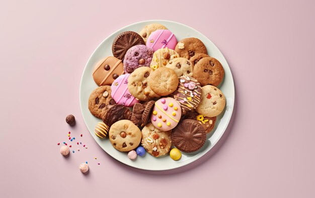 パステル背景に上面図のお菓子とクッキー、甘いデザート ベーカリー食品 AI が生成