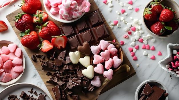 Top view Sweets strawberries chocolate and cookies grace a Valentines Day charcuterie board