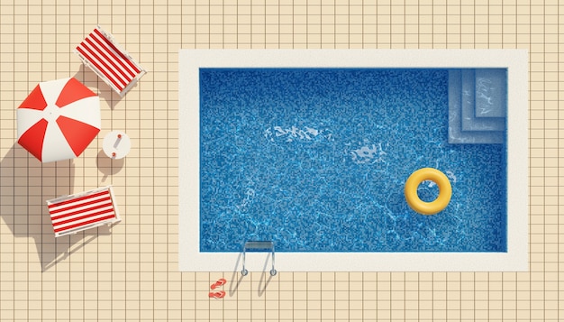 Top view of a swimming pool, deck chairs and umbrella. Summer concept.