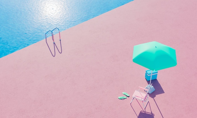 Photo top view of swimming pool with chair and umbrella. summer vacation concept. 3d rendering