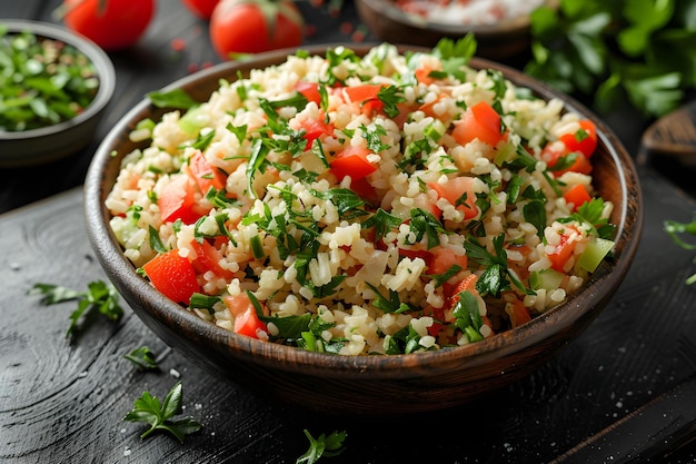 Foto top view di tabbouleh su uno sfondo nero authentic lebanese cuisine concept food photography authentic cuisine lebanese tabbouleh top view shot sfondo nero