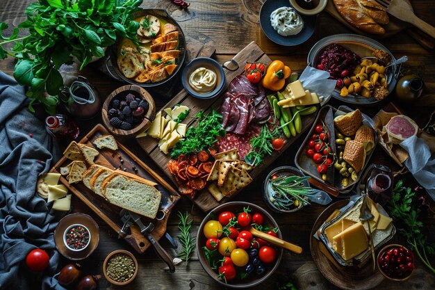 Foto tabella di vista superiore piena di un delizioso assortimento di cibi