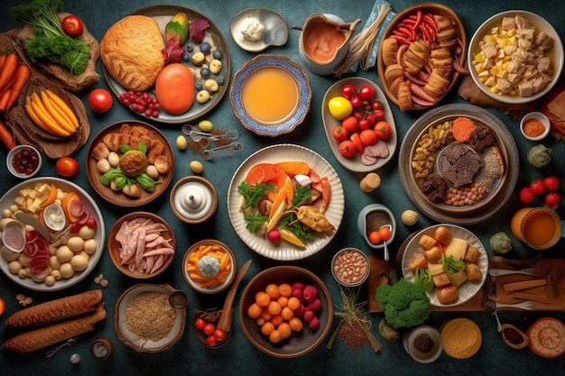 Top view table full of delicious food composition