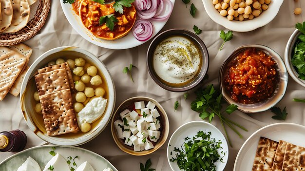 Foto vista dall'alto di un tavolo pieno di delizioso cibo mediterraneo ci sono ciotole di hummus baba ganoush falafel e pane pita