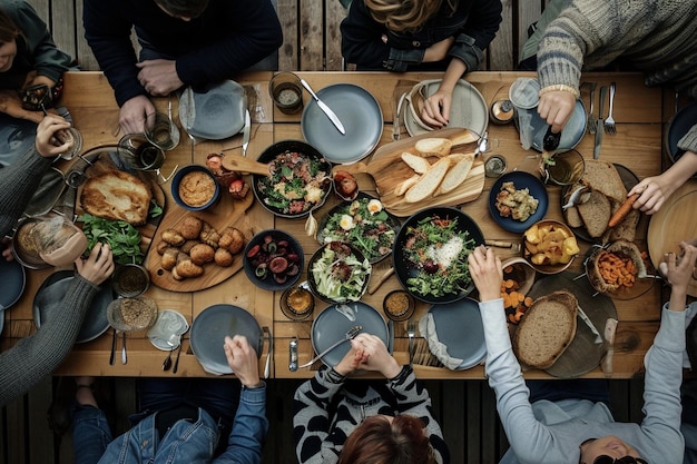 Top view on table full of food