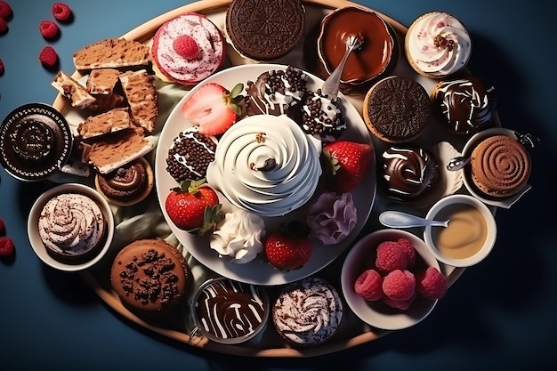 Foto vista superiore del tavolo pieno di dolci e deliziosi dessert