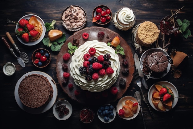 Top view of table full of sweet delicious desserts