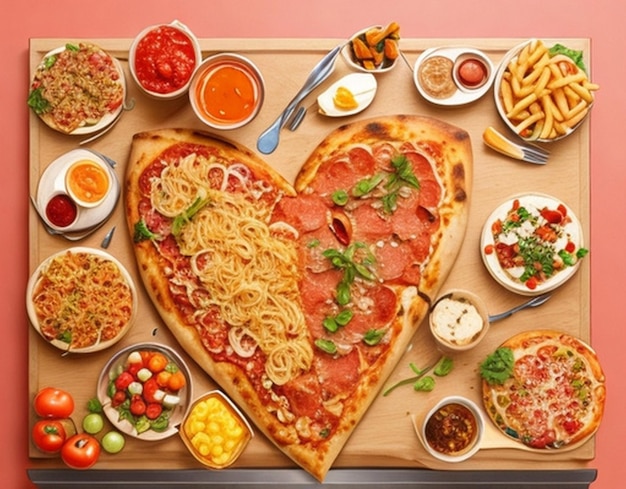 Top view on table full of various types of food with love shape Pizza burger french Vel 107