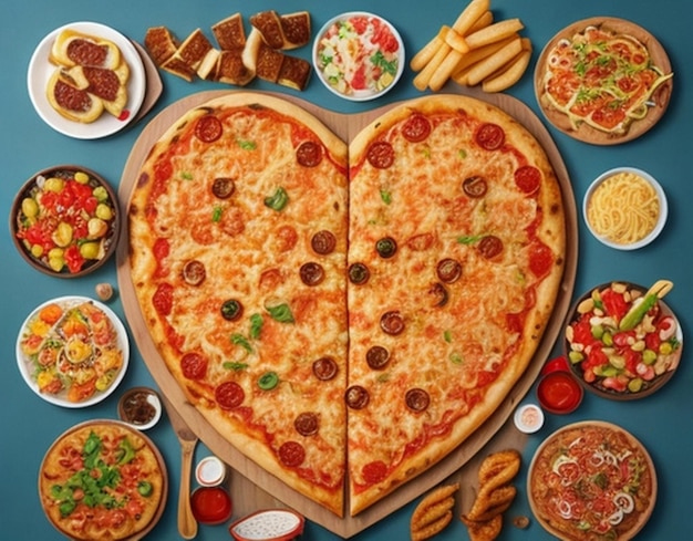 Top view on table full of various types of food with love shape Pizza burger french Vel 99