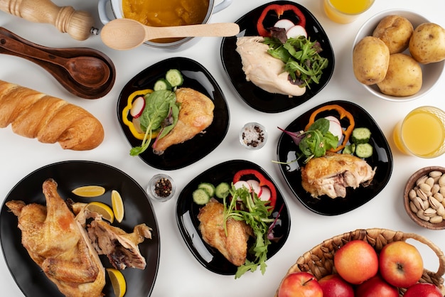 Photo top view on table full of various types of food