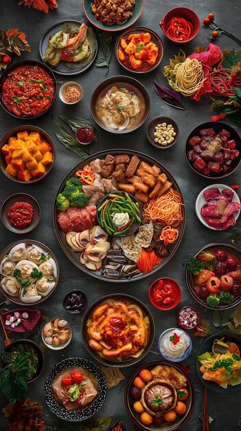 Top View a table laid out with different types of chinese food dishes noodles and fruits