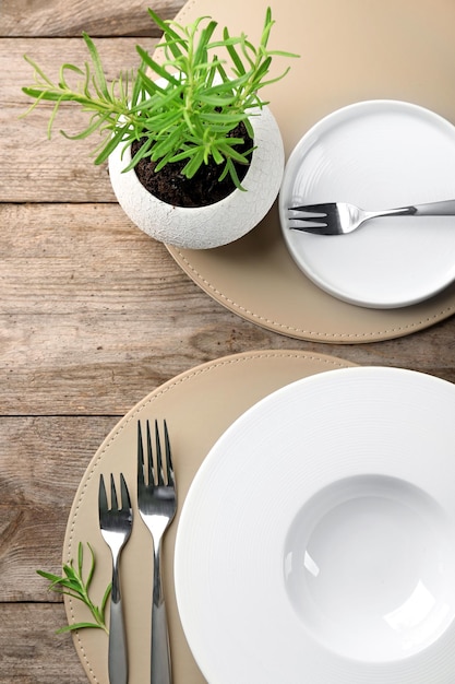 Top view of table setting for dinner in vegetarian cafe