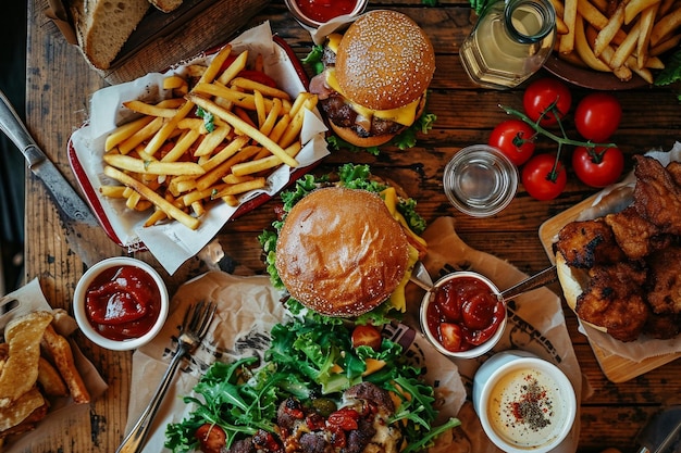 그 위에 음식이 있는 테이블의 면 모습 고기 채소 김 햄버거 버거 버섯