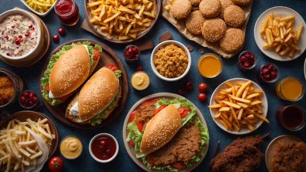 Photo top view of a table with a variety of fast food