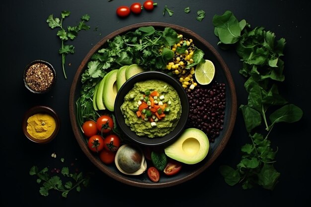 Top view tafel vol met heerlijke eten arrangement