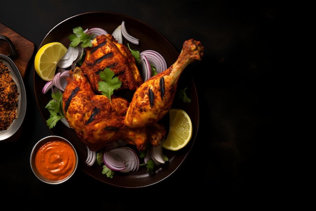 Фото Верхний вид тандори курица индийская на темном столе