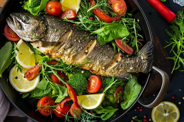 어두운 테이블에 신선한 야채를 곁들인 맛있는 요리된 생선의 최고 전망