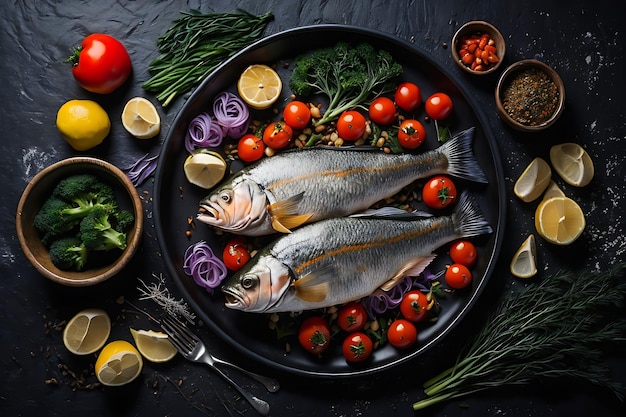 вид сверху вкусная приготовленная рыба со свежими овощами и приправами