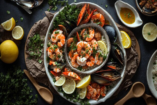 Top view tasty cooked Seafood plate vegetables and cutlery on a dark table