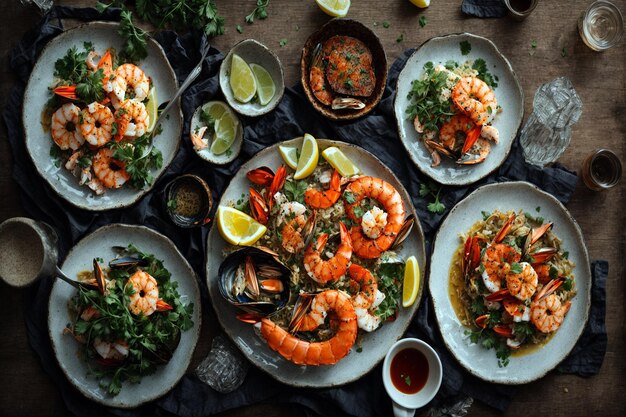 Top view tasty cooked Seafood plate vegetables and cutlery on a dark table