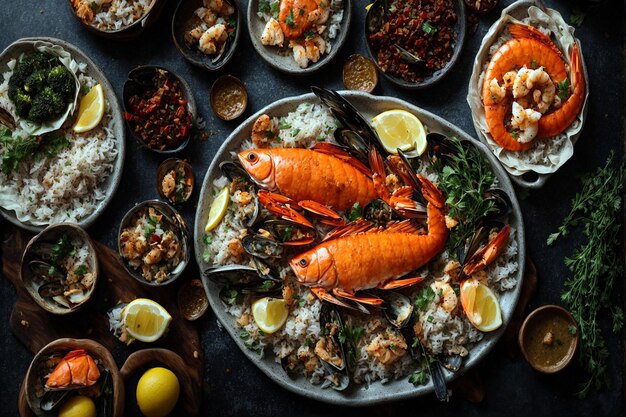 Top view tasty cooked Seafood plate vegetables and cutlery on a dark table