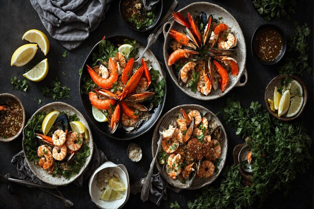 Top view tasty cooked Seafood plate vegetables and cutlery on a dark table