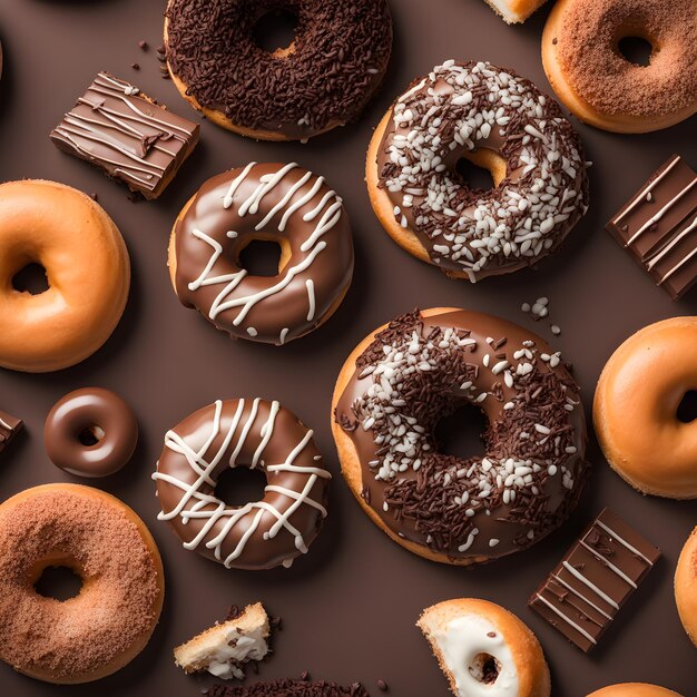 Photo top view of a tasty donut glazed with chocolate