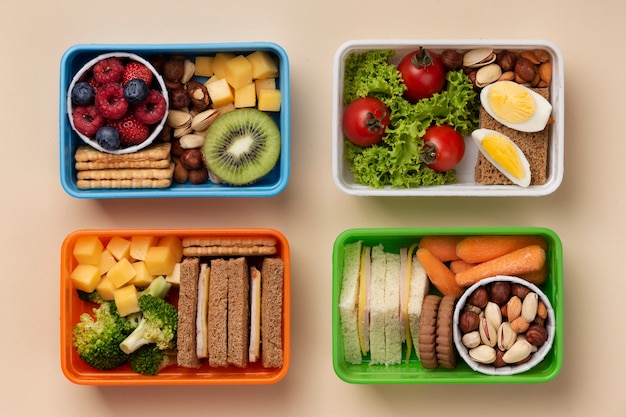 Photo top view tasty food lunch boxes arrangement