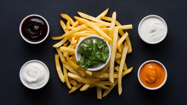 Вид с вершины вкусных картофеля фри с соусами на черном столе