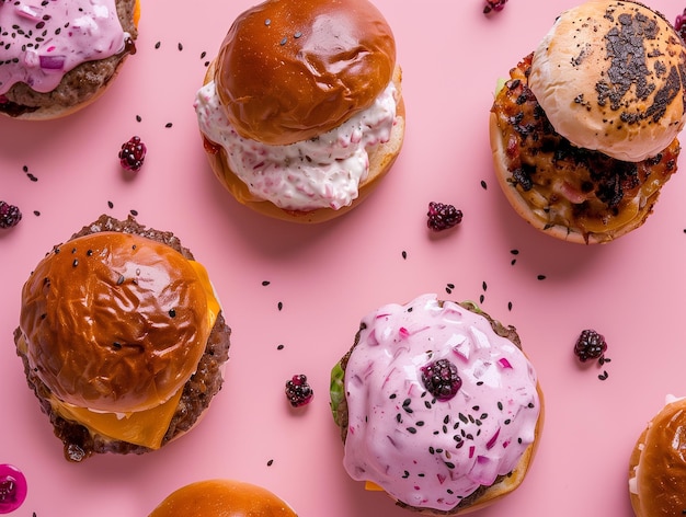 top view of tasty hamburgers with toppings on pink background