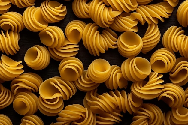 Photo top view tasty italian pasta unusual cooked spiral pasta on a dark