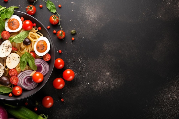 Фото Отверстие вкусная макаронная паста в миске красный лук чеснок перепелки яйца помидоры на столе