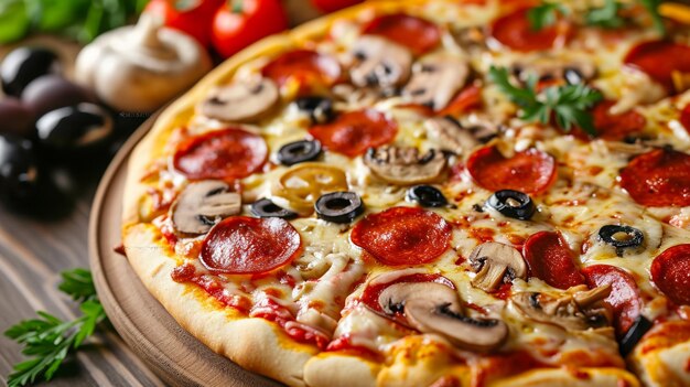 Photo top view tasty pepperoni pizza with mushrooms and olives generative ai