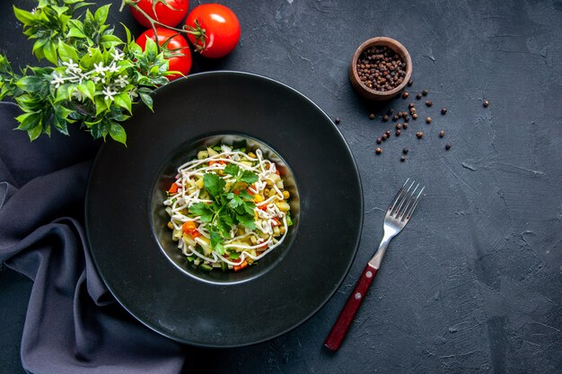 top view tasty potato salad inside plate on dark surface lunch meal dinner horizontal colour