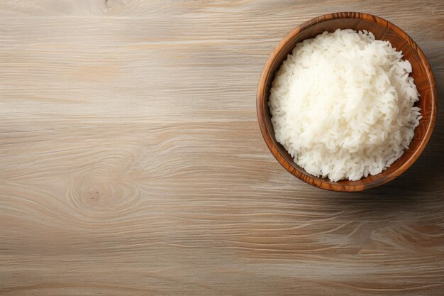 Top view of a tasty rice bowl on a table leaving room for text