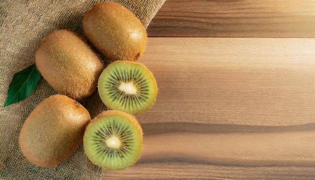Photo top view tasty ripe kiwi on wooden background with copy space