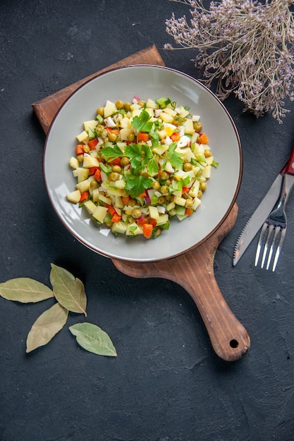 top view tasty salad with beans potatoes and eggs inside plate dark background meal cuisine health diet colour restaurant food