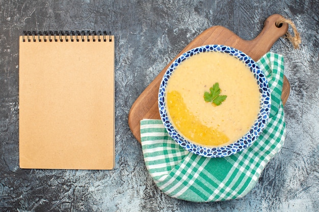 top view tasty soup inside plate on gray background cuisine photo meal color dinner hot vegetable dish pepper