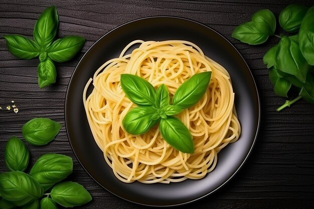 Top view tasty spaghetti with green leaf on a white dough meal dish pasta