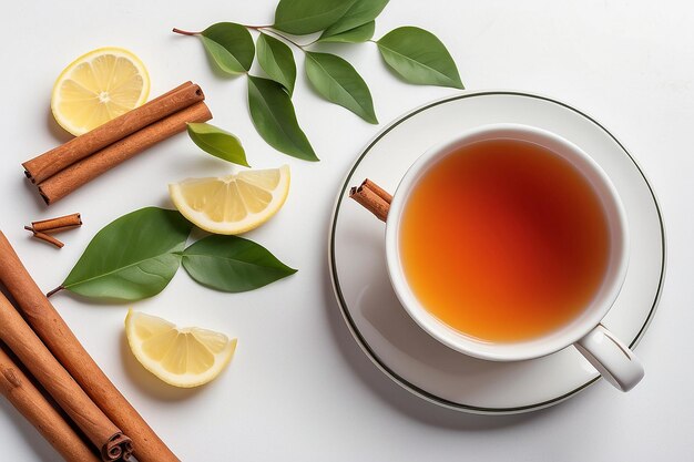 Top view tea and cinnamon a cup of herbal tea cinnamon sticks on the saucer lemon teapot and leaves on the white table