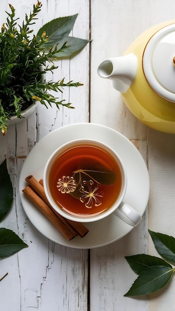 Top view tea and cinnamon a cup of herbal tea cinnamon sticks on the saucer lemon teapot and leaves