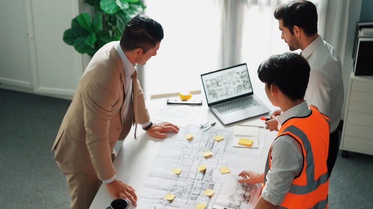 Quantity Surveyor team inspecting house model with blueprints