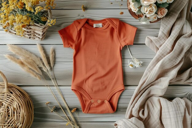 Top view terracotta textile baby bodysuit among dried flowers spikelets gray fabric wooden planks