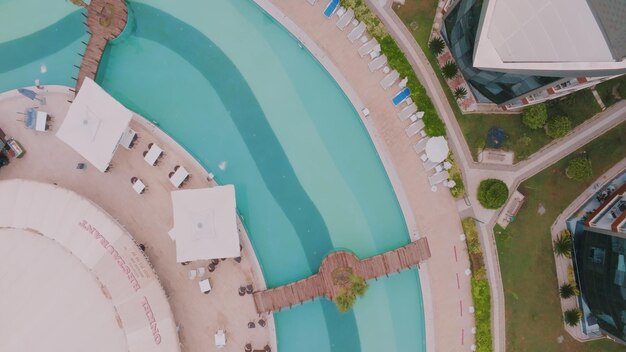 Top view of the territory of an expensive hotel Spa resort Swimming pool Aerial drone view Luxury resort