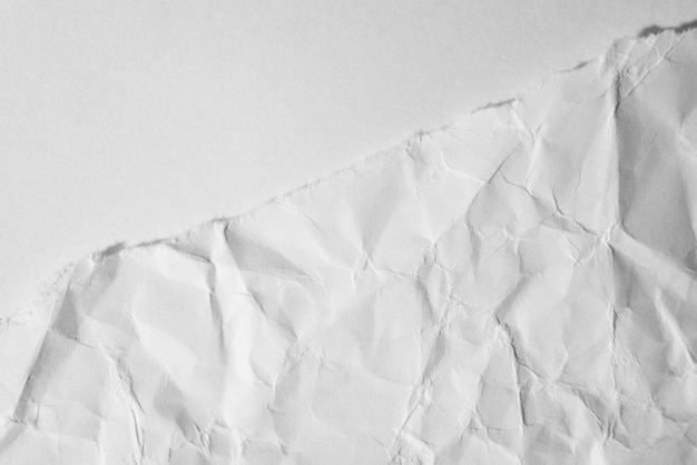 Top view texture uneven rough paper clean background macro torn\
half of crumpled white sheet of paper on white background\
closeup